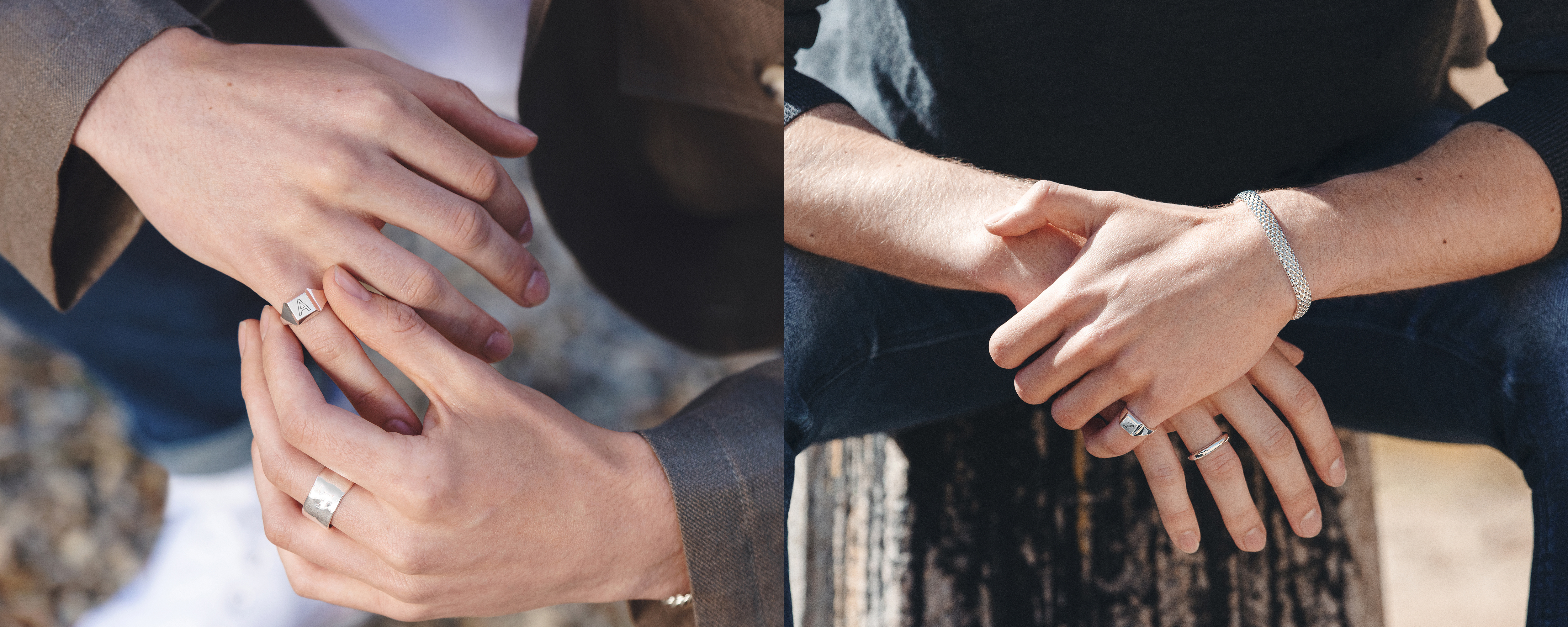 Silver signet ring, doina chain bracelet and signature thin ring work on model.