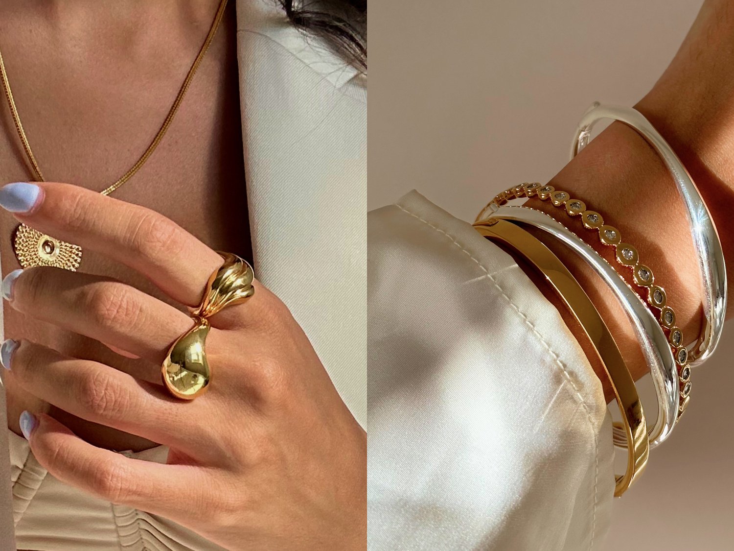 A close-up of a woman in a white power suit wearing gold, chunky jewellery